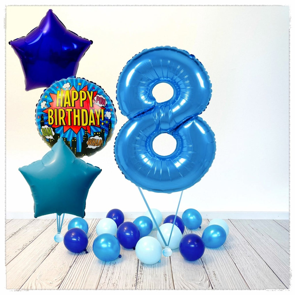 Zahlen Ballon Happy Birthday Blau 8 Bouquet (mit Helium gefüllt) - Zahlen Ballon blau Bouquet