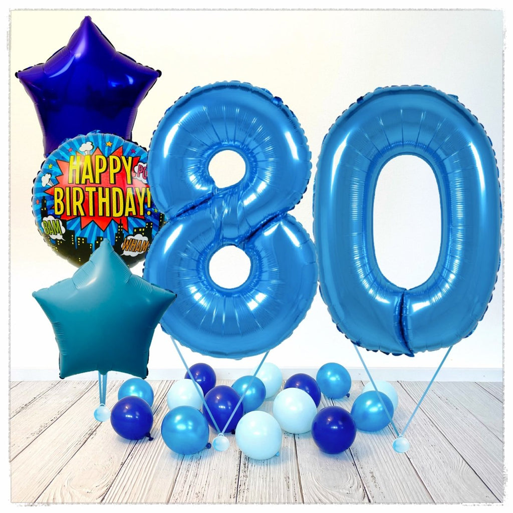 Zahlen Ballon Happy Birthday Blau 80 Bouquet (mit Helium gefüllt) - Zahlen Ballon blau Bouquet