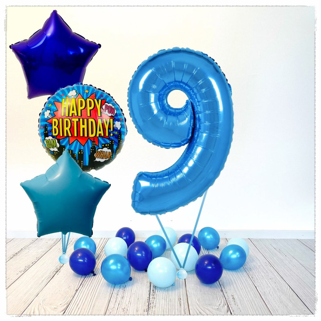 Zahlen Ballon Happy Birthday Blau 9 Bouquet (mit Helium gefüllt) - Zahlen Ballon blau Bouquet
