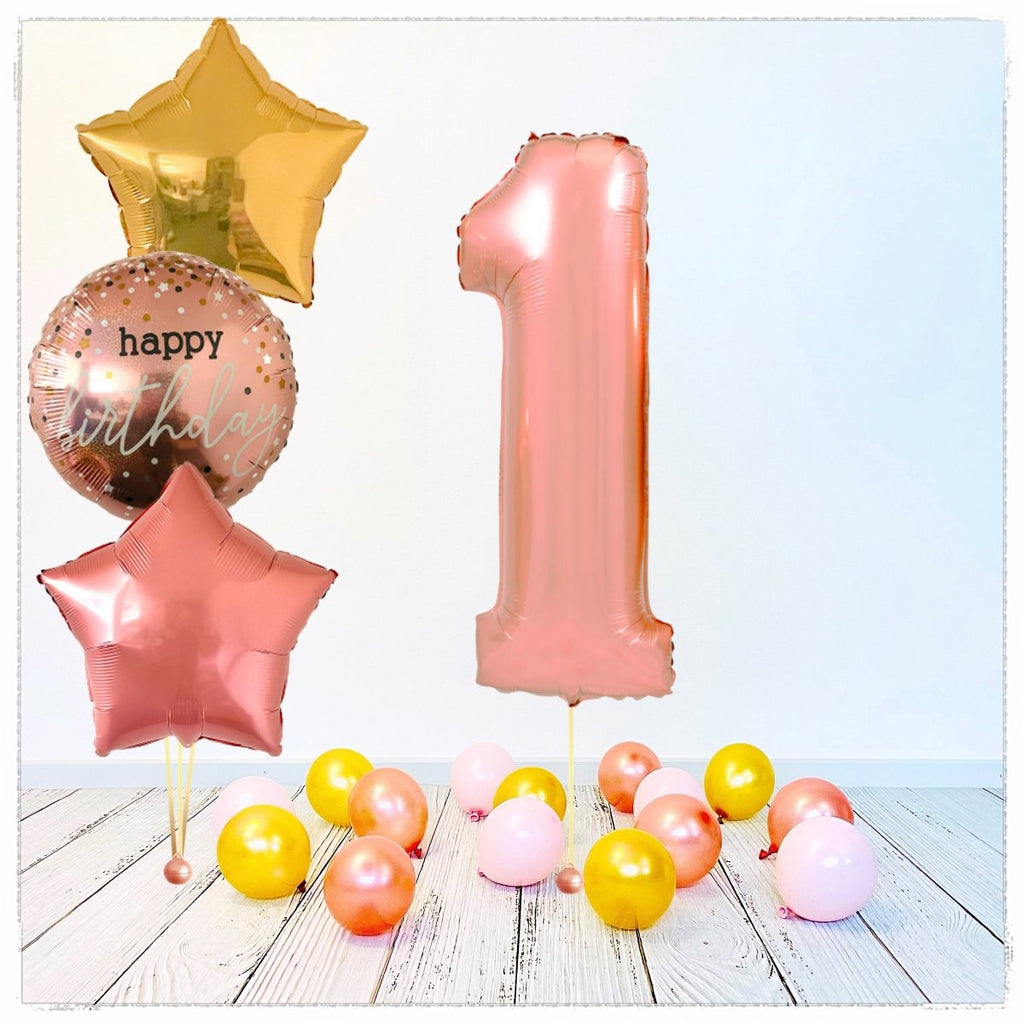Zahlen Ballon Happy Birthday Rosegold 1 Bouquet (mit Helium gefüllt) - Zahlen Ballon rosegold Bouquet