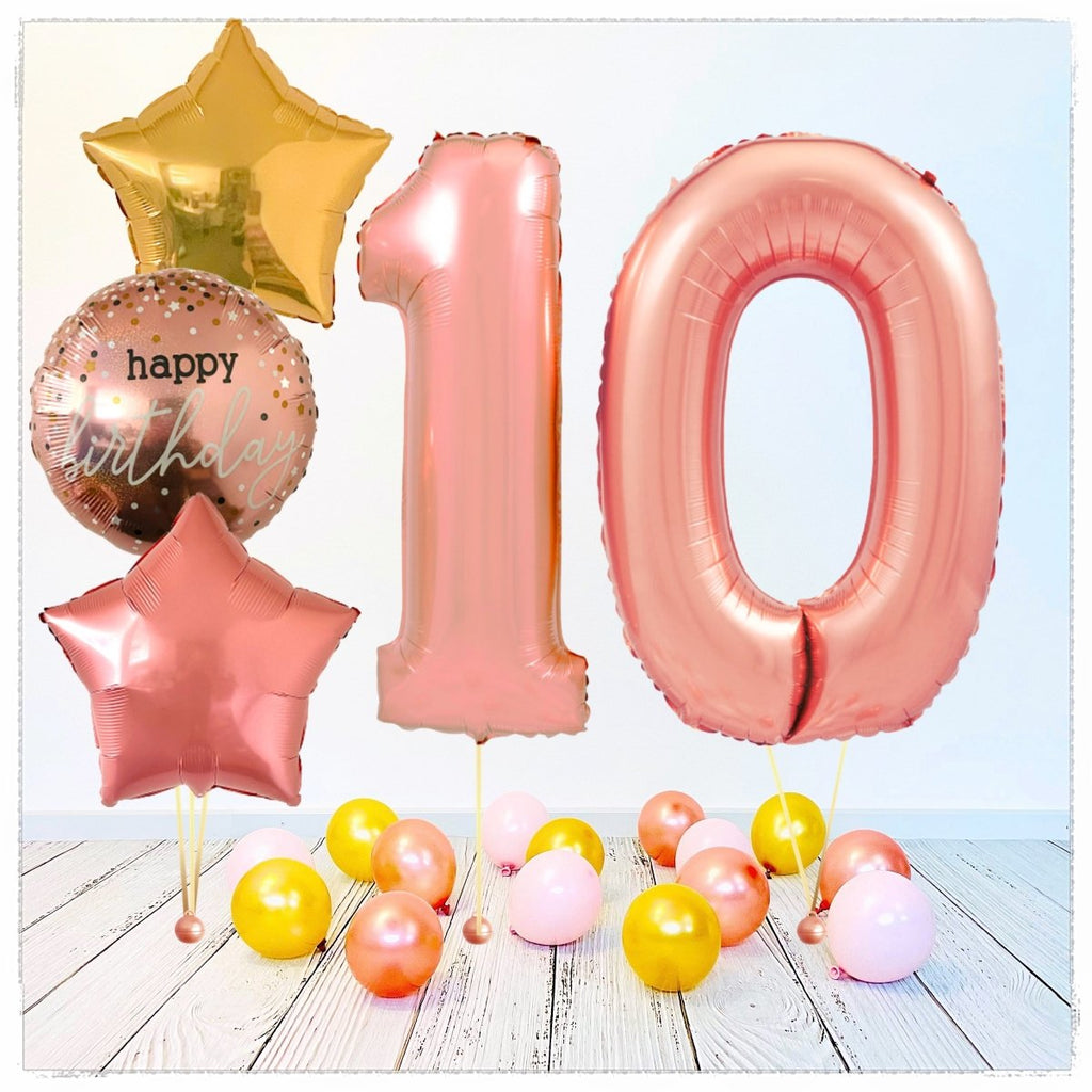 Zahlen Ballon Happy Birthday Rosegold 10 Bouquet (mit Helium gefüllt) - Zahlen Ballon rosegold Bouquet