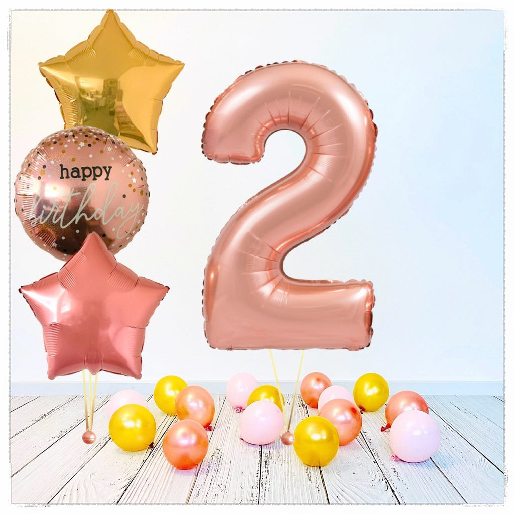 Zahlen Ballon Happy Birthday Rosegold 2 Bouquet (mit Helium gefüllt) - Zahlen Ballon rosegold Bouquet