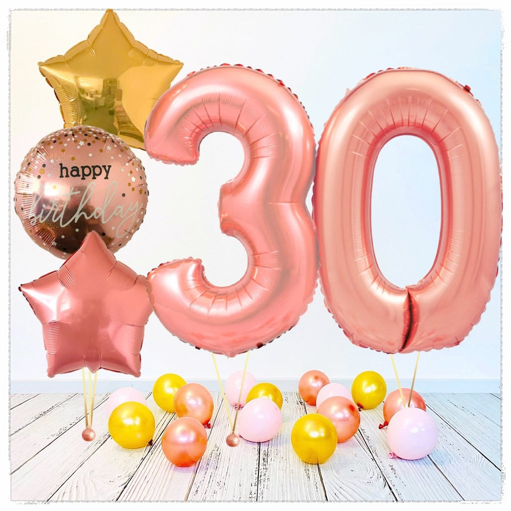 Zahlen Ballon Happy Birthday Rosegold 30 Bouquet (mit Helium gefüllt) - Zahlen Ballon rosegold Bouquet