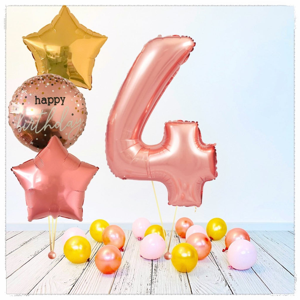 Zahlen Ballon Happy Birthday Rosegold 4 Bouquet (mit Helium gefüllt) - Zahlen Ballon rosegold Bouquet