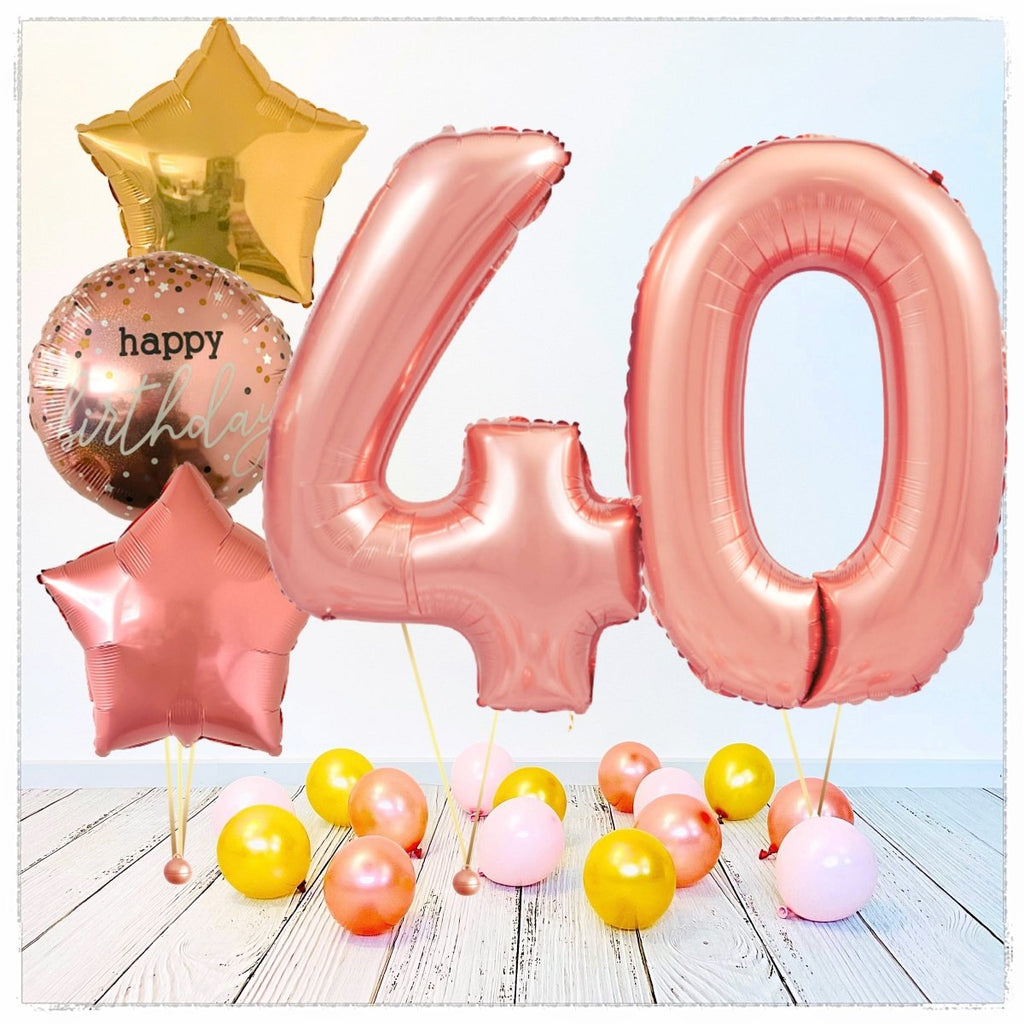 Zahlen Ballon Happy Birthday Rosegold 40 Bouquet (mit Helium gefüllt) - Zahlen Ballon rosegold Bouquet
