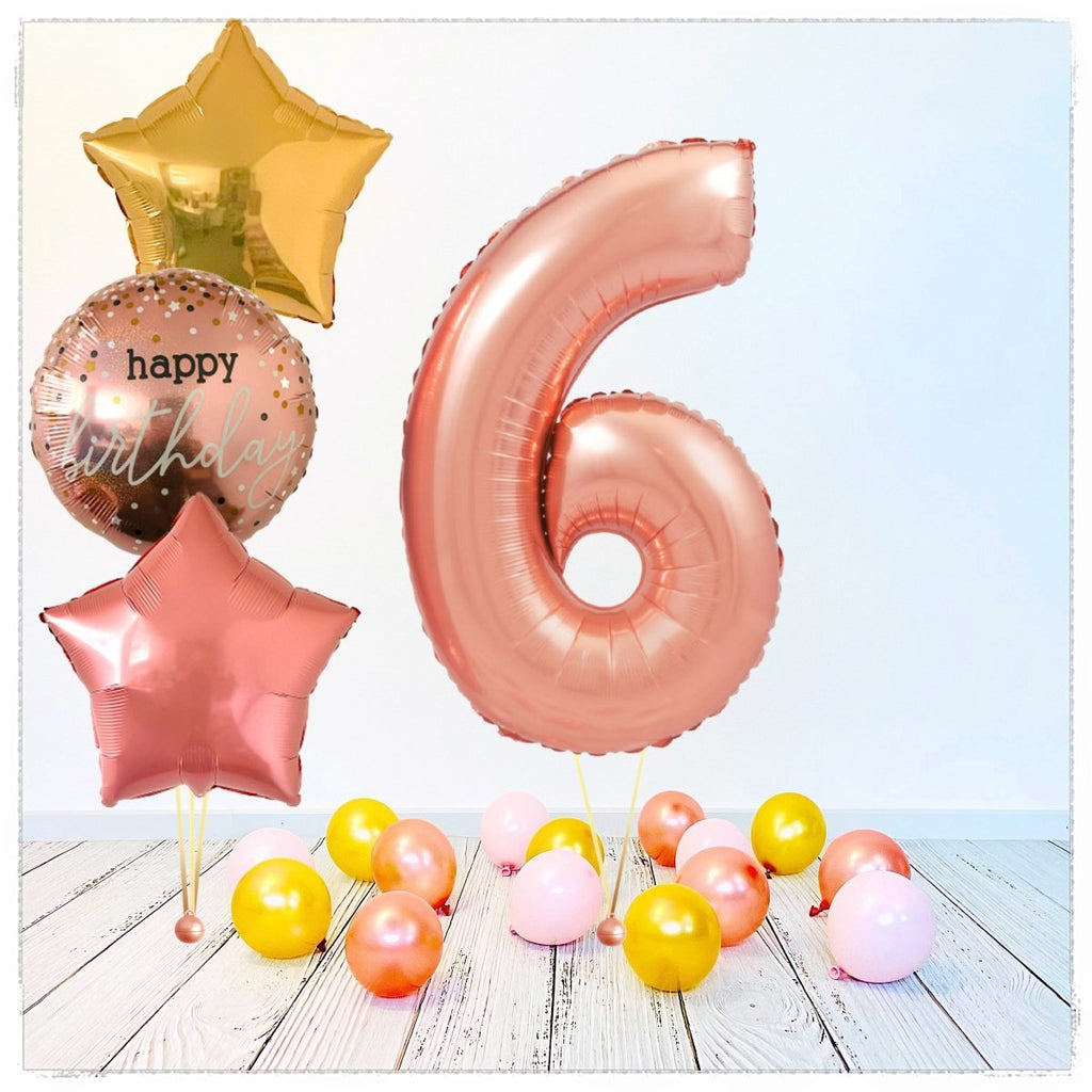 Zahlen Ballon Happy Birthday Rosegold 6 Bouquet (mit Helium gefüllt) - Zahlen Ballon rosegold Bouquet
