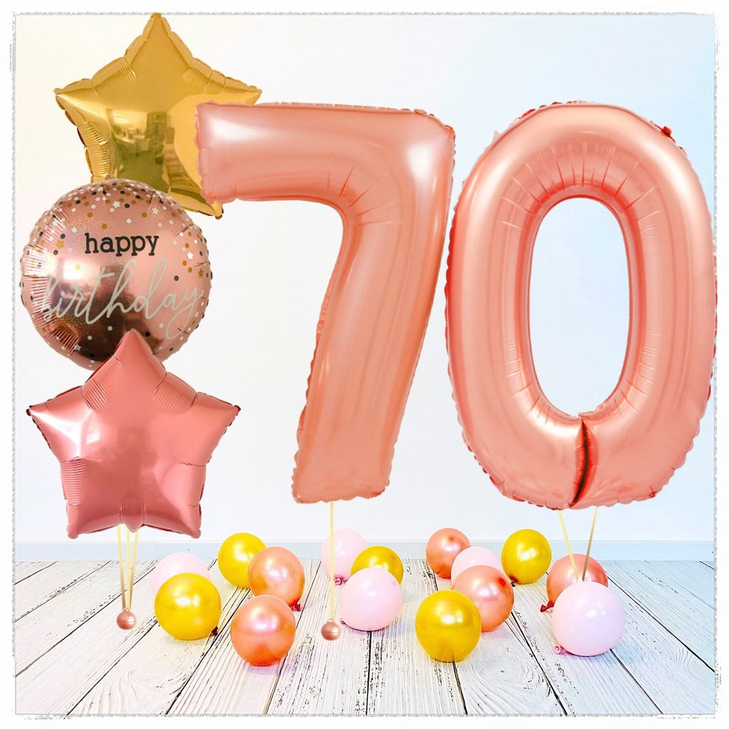 Zahlen Ballon Happy Birthday Rosegold 70 Bouquet (mit Helium gefüllt) - Zahlen Ballon rosegold Bouquet