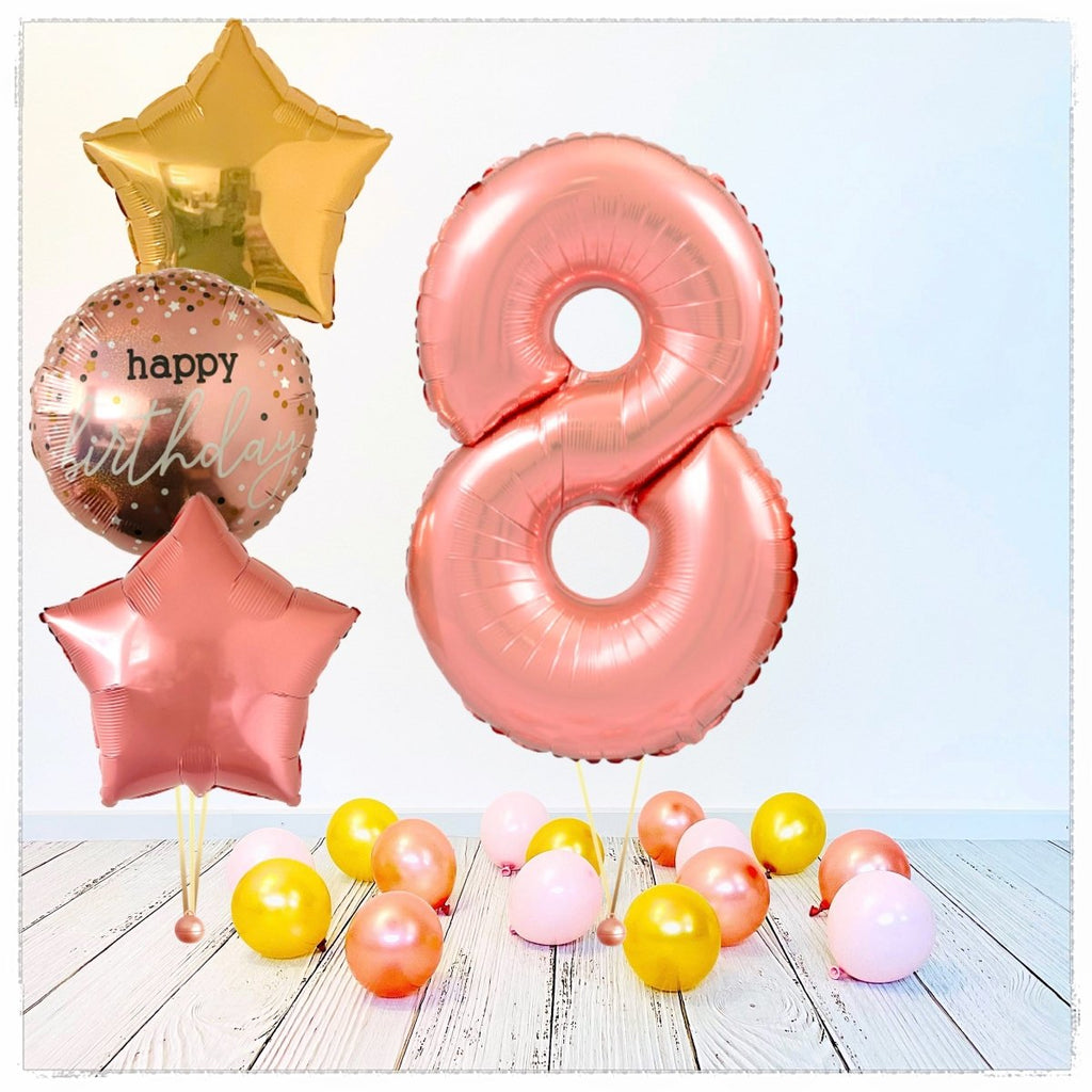 Zahlen Ballon Happy Birthday Rosegold 8 Bouquet (mit Helium gefüllt) - Zahlen Ballon rosegold Bouquet