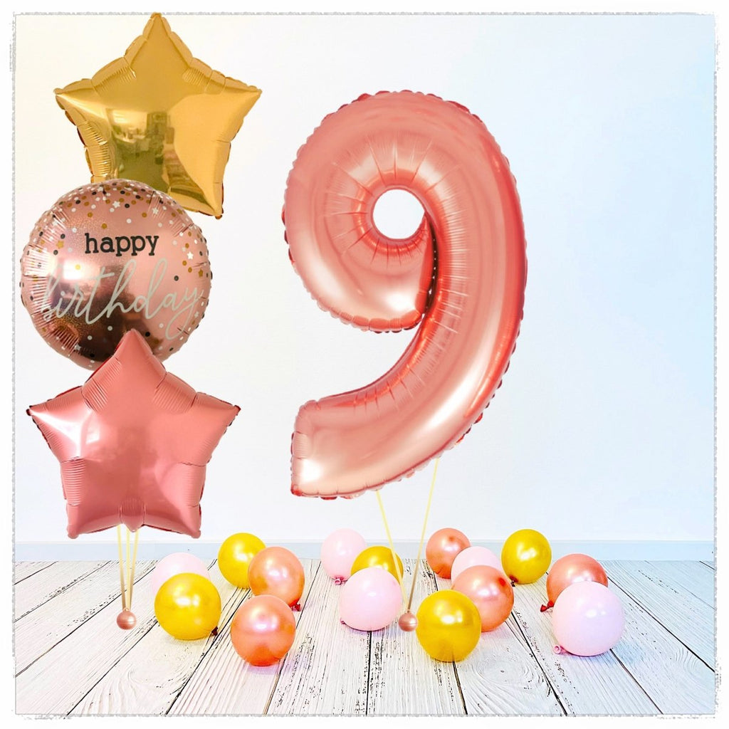 Zahlen Ballon Happy Birthday Rosegold 9 Bouquet (mit Helium gefüllt) - Zahlen Ballon rosegold Bouquet