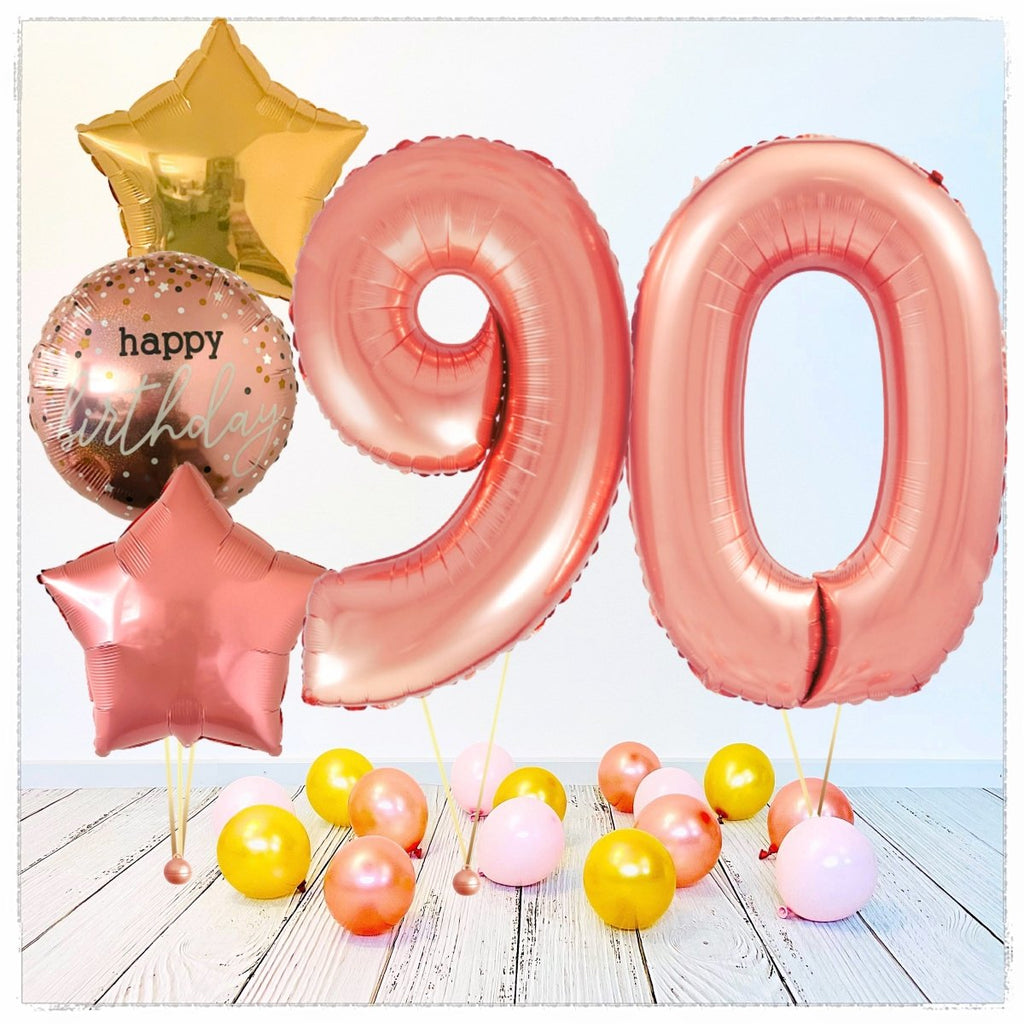 Zahlen Ballon Happy Birthday Rosegold 90 Bouquet (mit Helium gefüllt) - Zahlen Ballon rosegold Bouquet