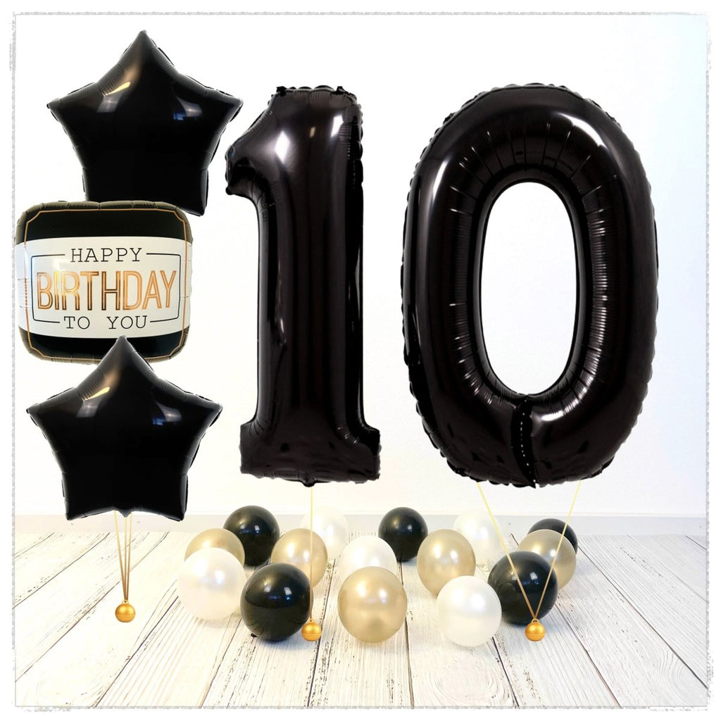 Zahlen Ballon Happy Birthday Schwarz 10 Bouquet (mit Helium gefüllt) - Zahlen Ballon schwarz Bouquet