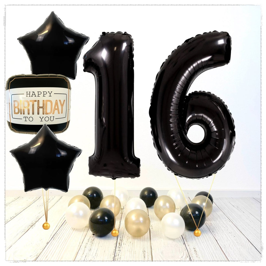 Zahlen Ballon Happy Birthday Schwarz 16 Bouquet (mit Helium gefüllt) - Zahlen Ballon schwarz Bouquet