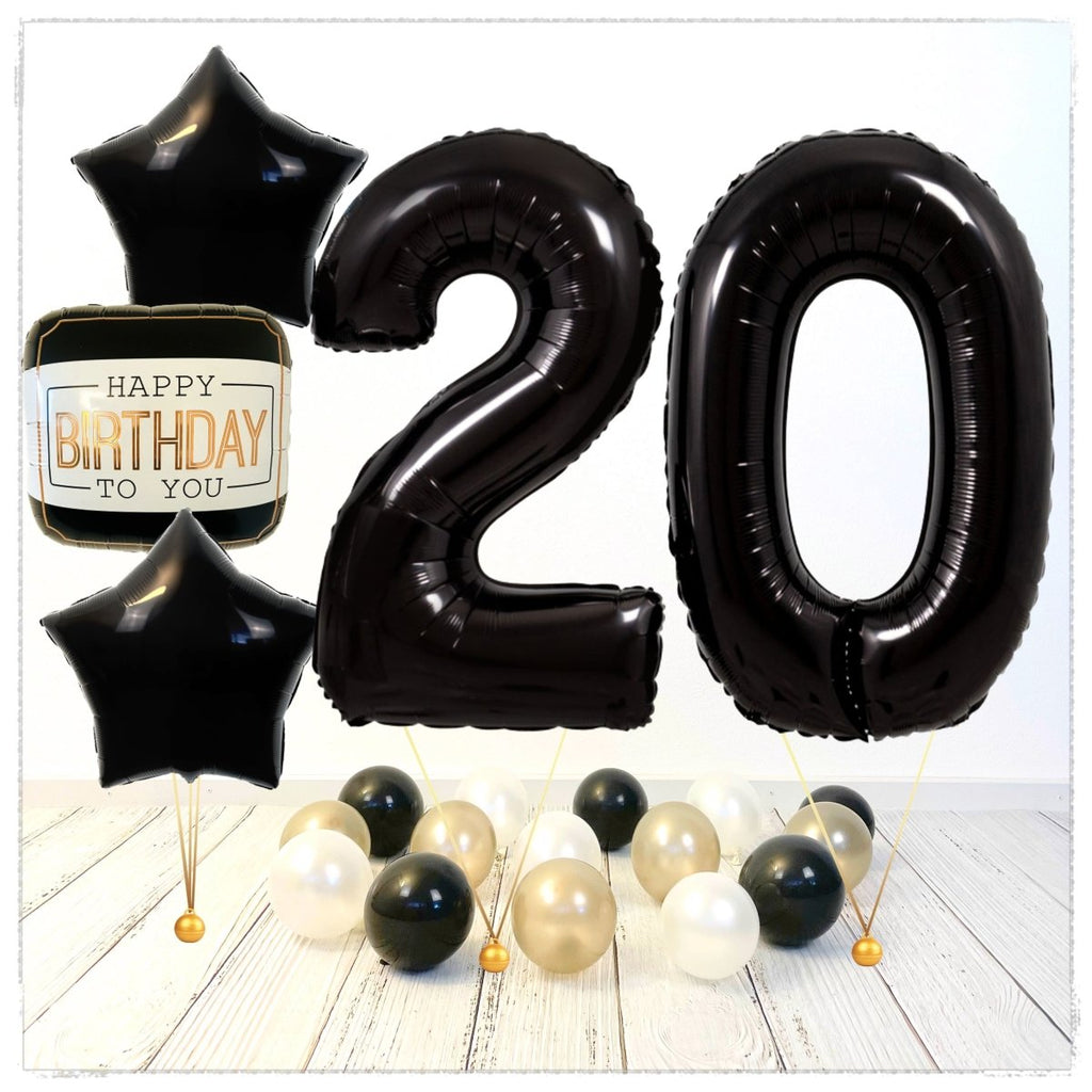 Zahlen Ballon Happy Birthday Schwarz 20 Bouquet (mit Helium gefüllt) - Zahlen Ballon schwarz Bouquet