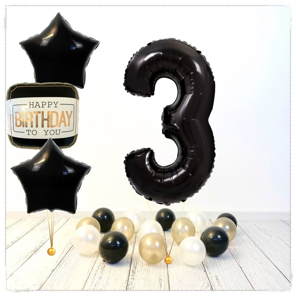 Zahlen Ballon Happy Birthday Schwarz 3 Bouquet (mit Helium gefüllt) - Zahlen Ballon schwarz Bouquet