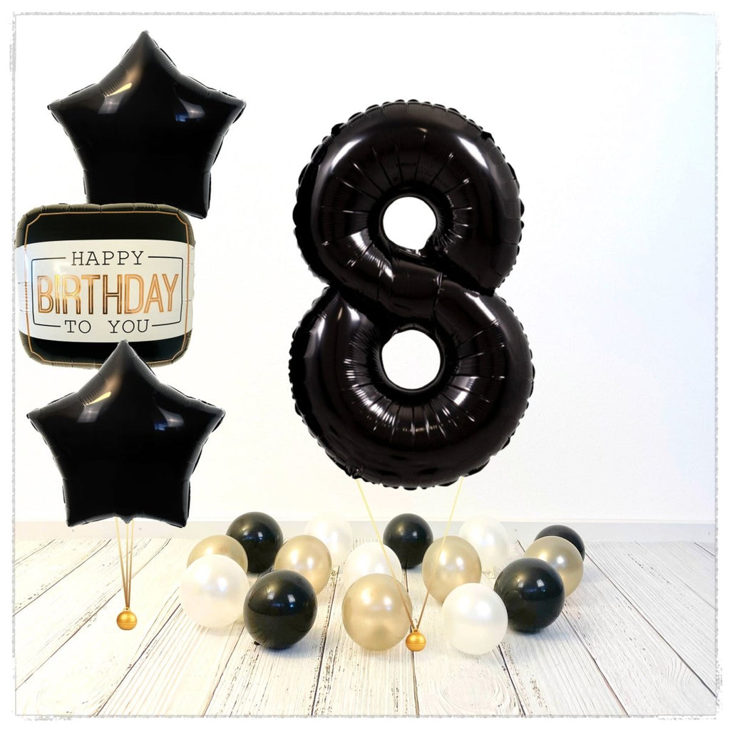 Zahlen Ballon Happy Birthday Schwarz 8 Bouquet (mit Helium gefüllt) - Zahlen Ballon schwarz Bouquet