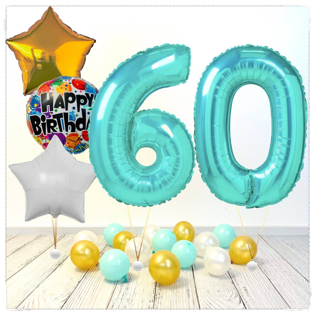 Zahlen Ballon Happy Birthday Tiffany 60 Bouquet (mit Helium gefüllt) - Zahlen Ballon tiffany Bouquet