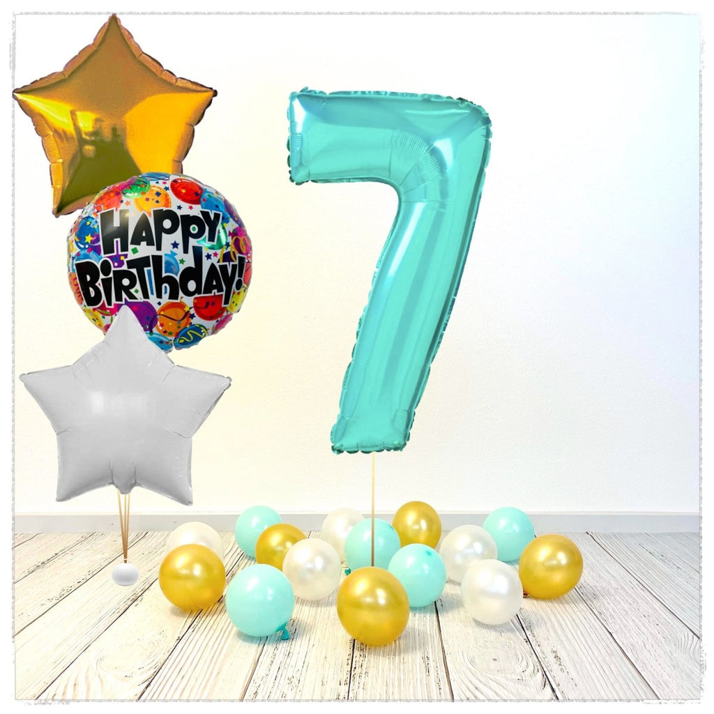 Zahlen Ballon Happy Birthday Tiffany 7 Bouquet (mit Helium gefüllt) - Zahlen Ballon tiffany Bouquet