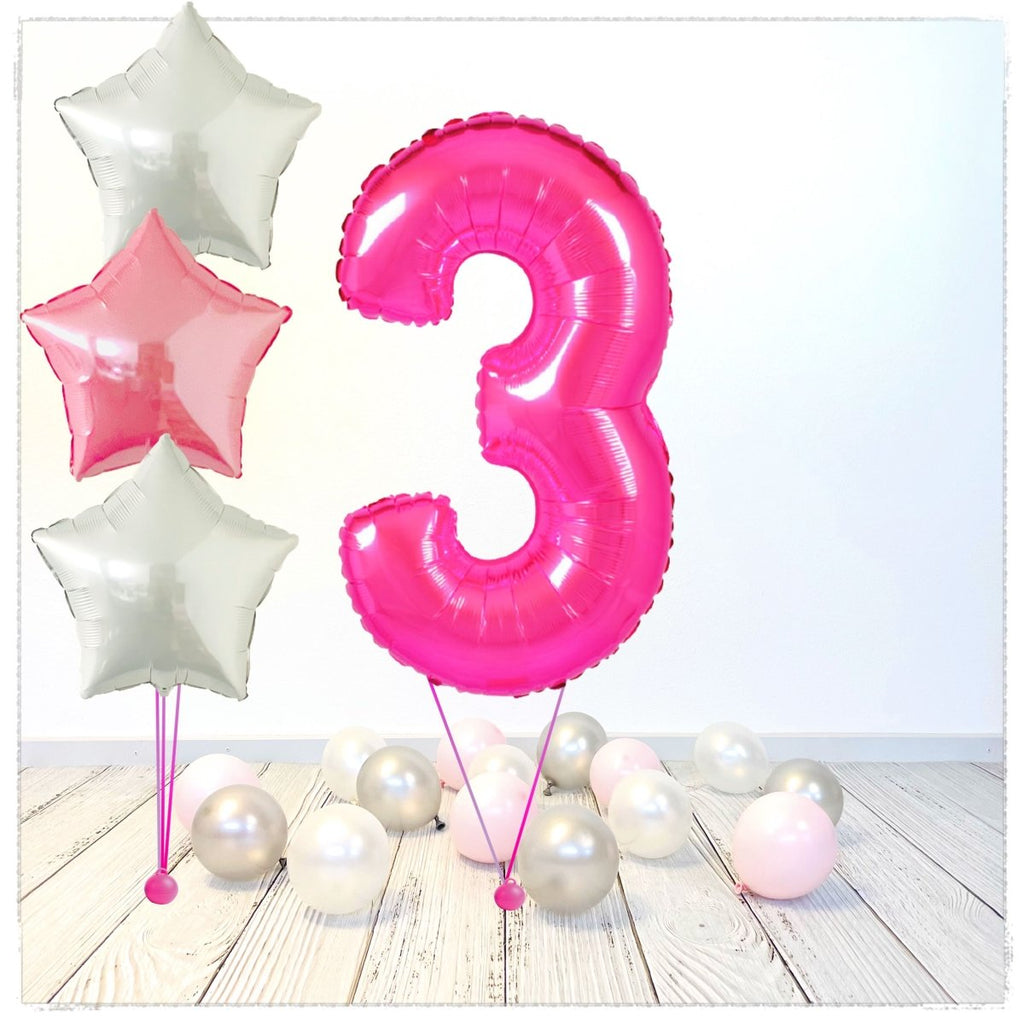 Zahlen Ballon pink 3 Bouquet (mit Helium gefüllt) - Zahlen Ballon pink Bouquet