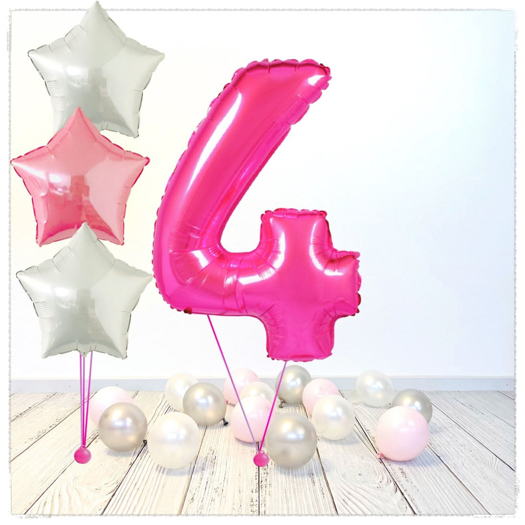 Zahlen Ballon pink 4 Bouquet (mit Helium gefüllt) - Zahlen Ballon pink Bouquet