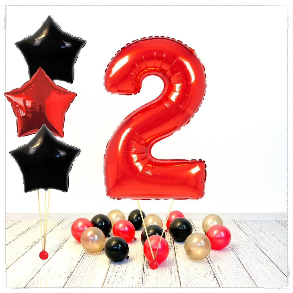 Zahlen Ballon rot Sterne 2 Bouquet (mit Helium gefüllt) - Zahlen Ballon rot Bouquet