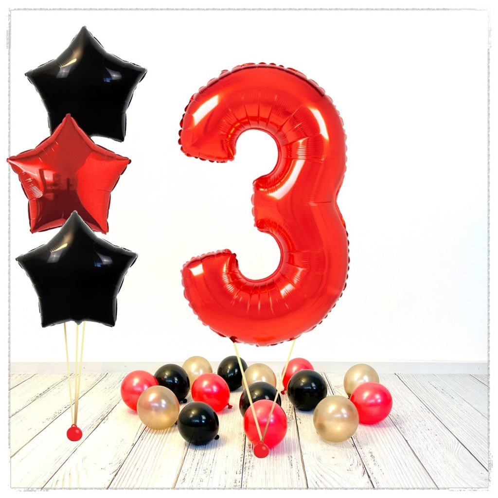 Zahlen Ballon rot Sterne 3 Bouquet (mit Helium gefüllt) - Zahlen Ballon rot Bouquet