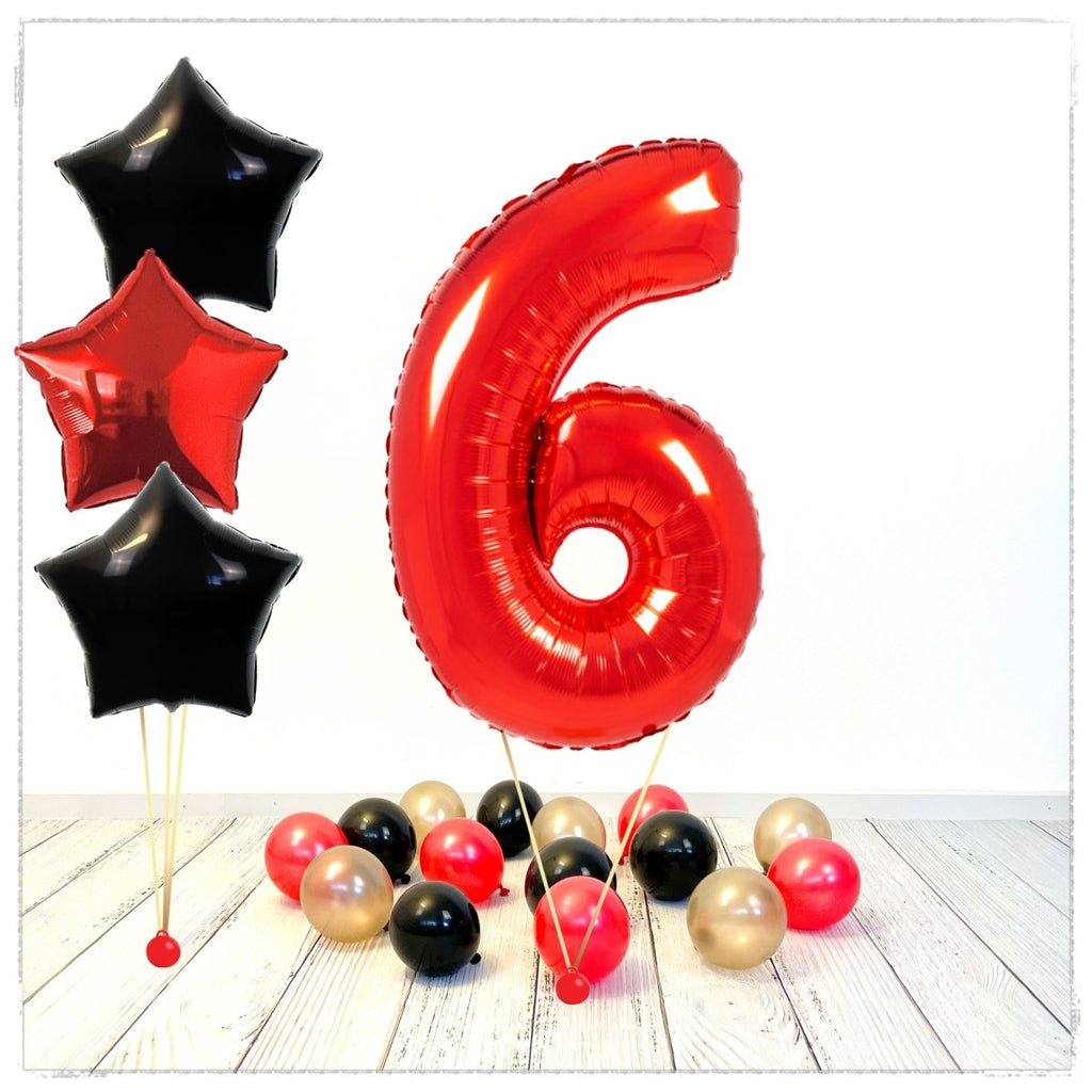 Zahlen Ballon rot Sterne 6 Bouquet (mit Helium gefüllt) - Zahlen Ballon rot Bouquet