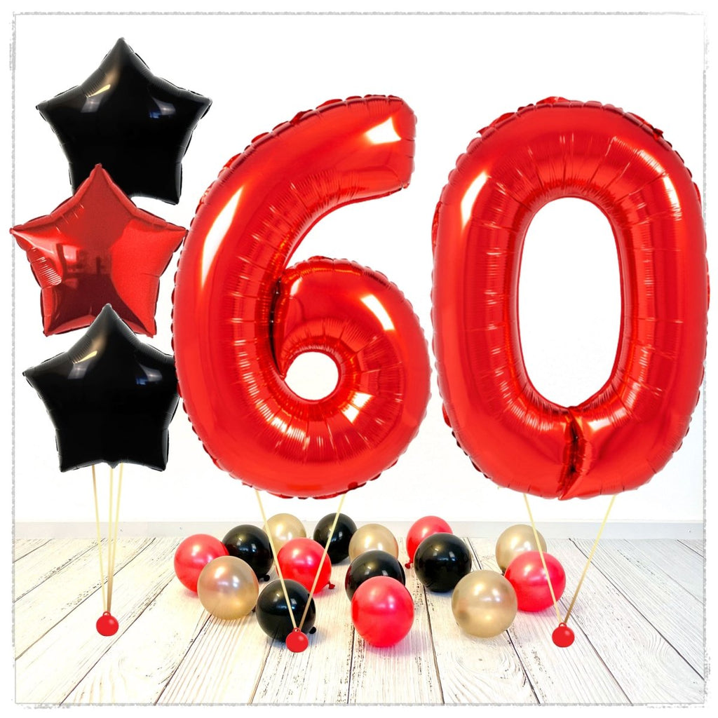 Zahlen Ballon rot Sterne 60 Bouquet (mit Helium gefüllt) - Zahlen Ballon rot Bouquet