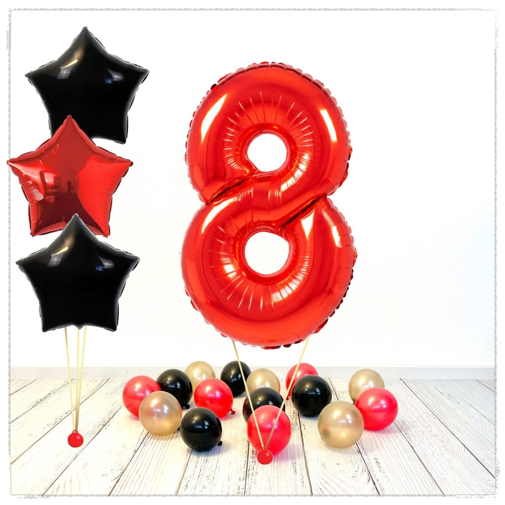 Zahlen Ballon rot Sterne 8 Bouquet (mit Helium gefüllt) - Zahlen Ballon rot Bouquet