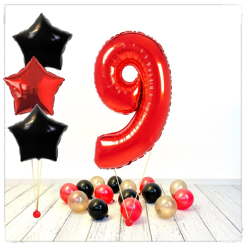 Zahlen Ballon rot Sterne 9 Bouquet (mit Helium gefüllt) - Zahlen Ballon rot Bouquet