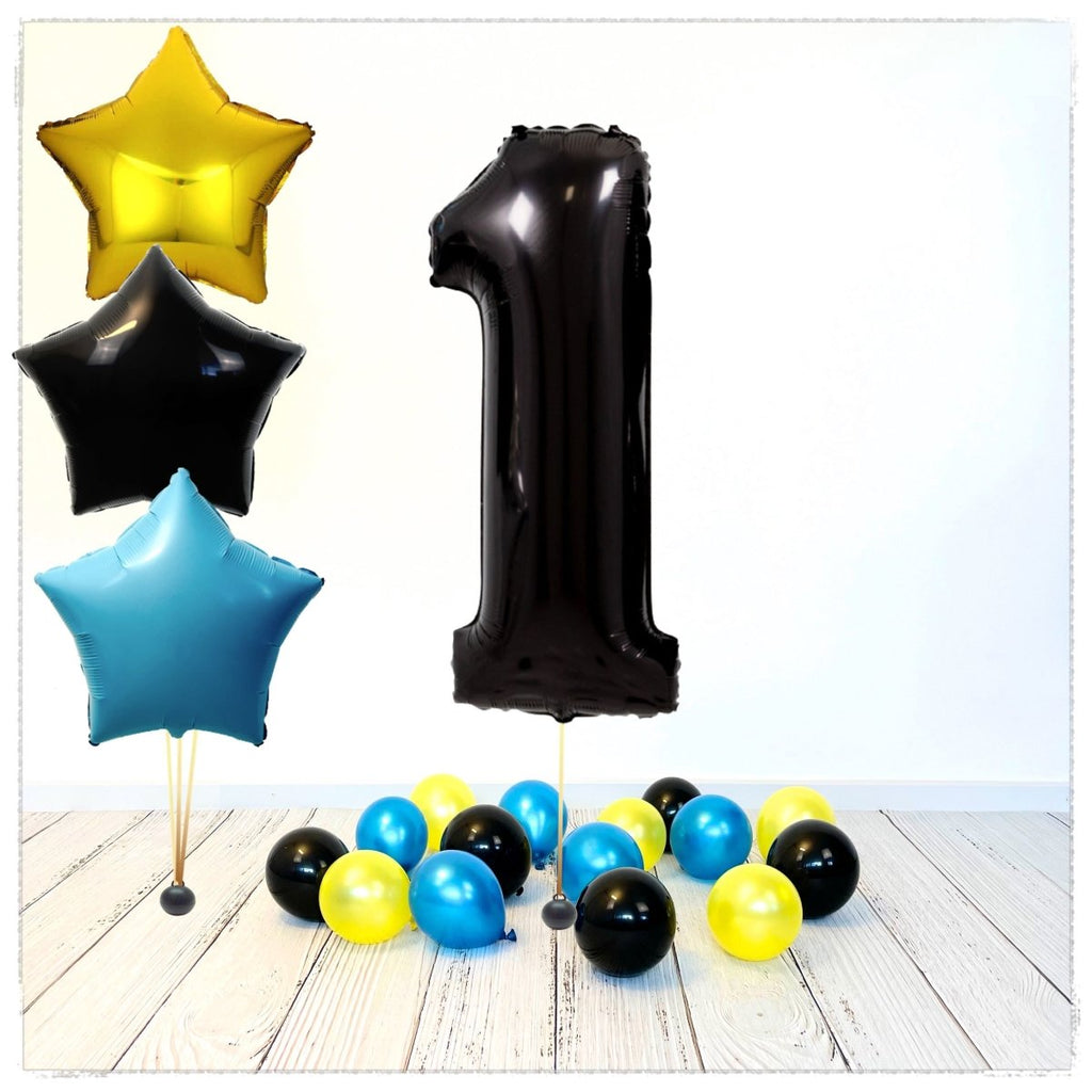 Zahlen Ballon Schwarz Sterne 1 Bouquet (mit Helium gefüllt) - Zahlen Ballon schwarz Bouquet