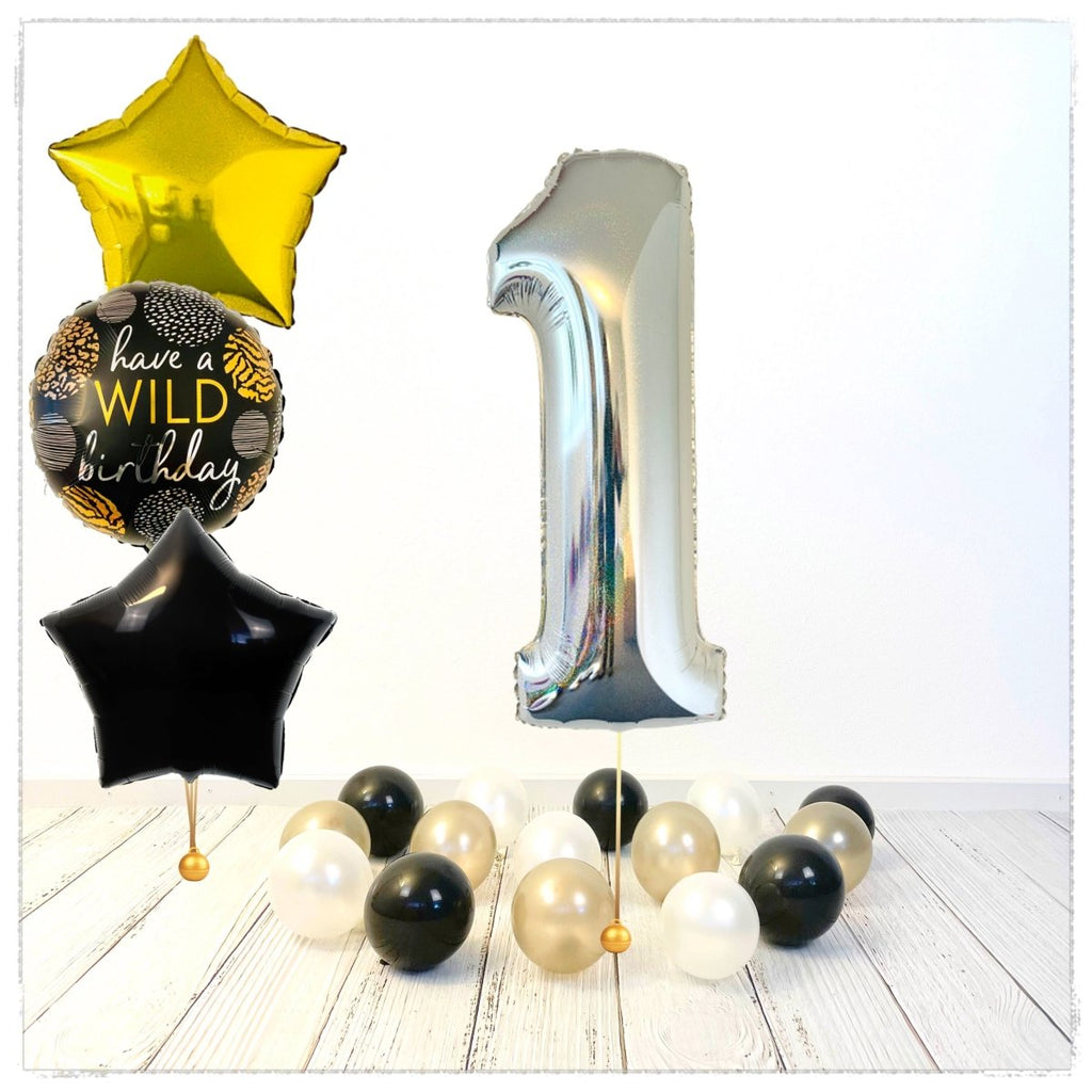 Zahlen Ballon Wild Birthday holographisch silber 1 Bouquet (mit Helium gefüllt) - Zahlen Ballon silber Bouquet