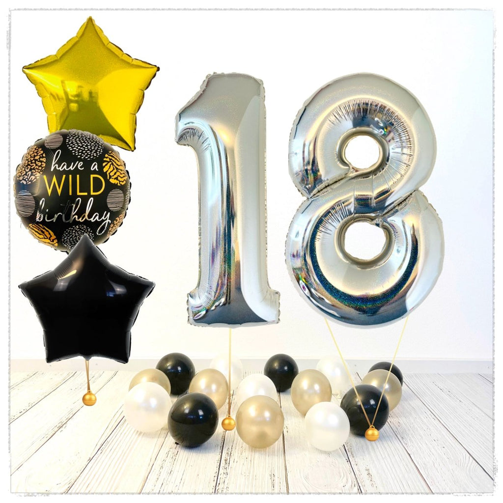 Zahlen Ballon Wild Birthday holographisch silber 18 Bouquet (mit Helium gefüllt) - Zahlen Ballon silber Bouquet