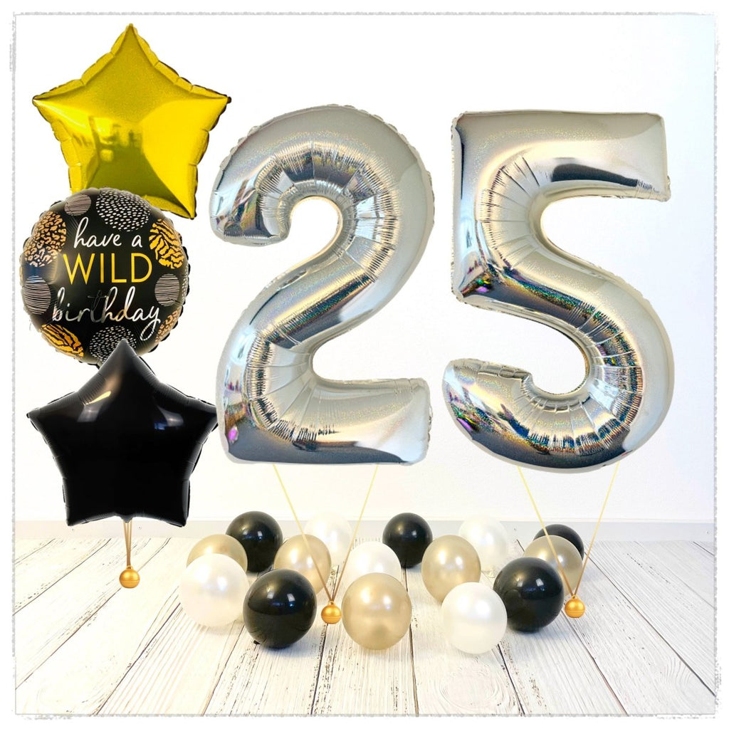 Zahlen Ballon Wild Birthday holographisch silber 25 Bouquet (mit Helium gefüllt) - Zahlen Ballon silber Bouquet