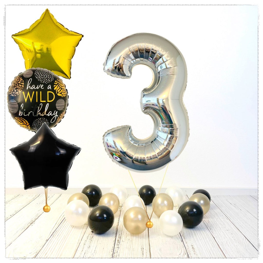 Zahlen Ballon Wild Birthday holographisch silber 3 Bouquet (mit Helium gefüllt) - Zahlen Ballon silber Bouquet