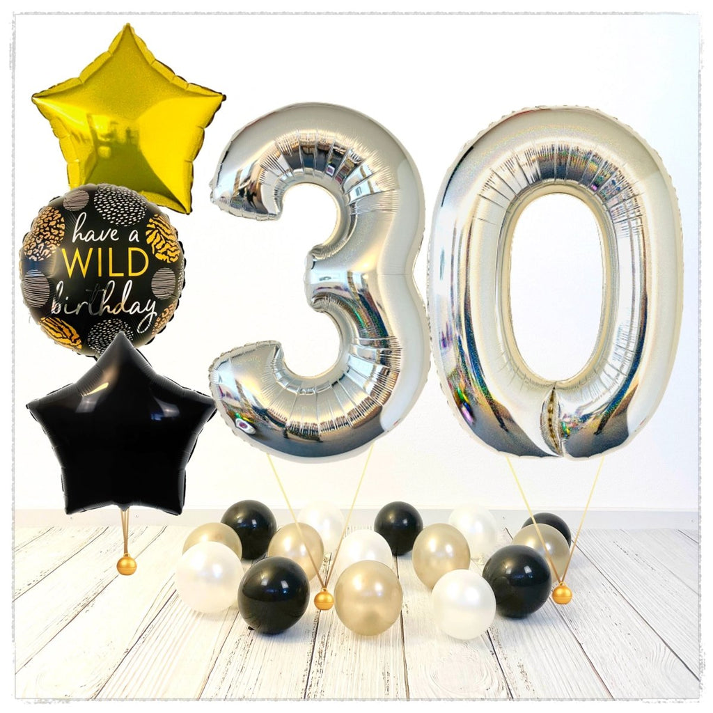 Zahlen Ballon Wild Birthday holographisch silber 30 Bouquet (mit Helium gefüllt) - Zahlen Ballon silber Bouquet