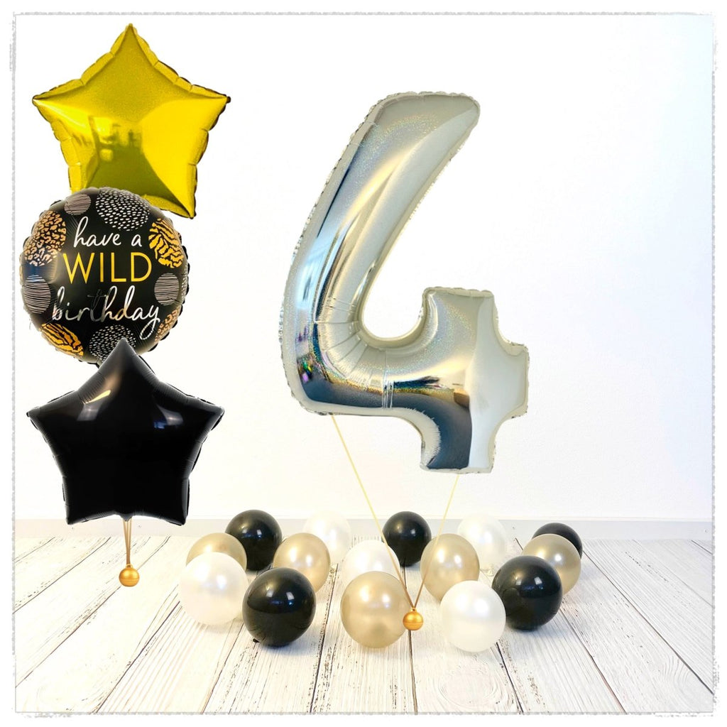 Zahlen Ballon Wild Birthday holographisch silber 4 Bouquet (mit Helium gefüllt) - Zahlen Ballon silber Bouquet
