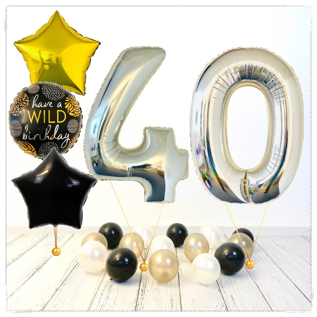 Zahlen Ballon Wild Birthday holographisch silber 40 Bouquet (mit Helium gefüllt) - Zahlen Ballon silber Bouquet