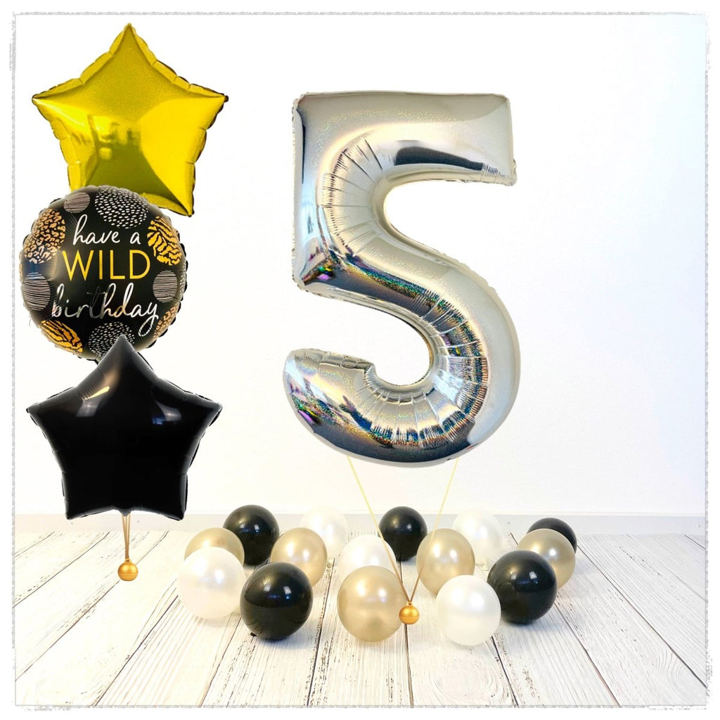 Zahlen Ballon Wild Birthday holographisch silber 5 Bouquet (mit Helium gefüllt) - Zahlen Ballon silber Bouquet