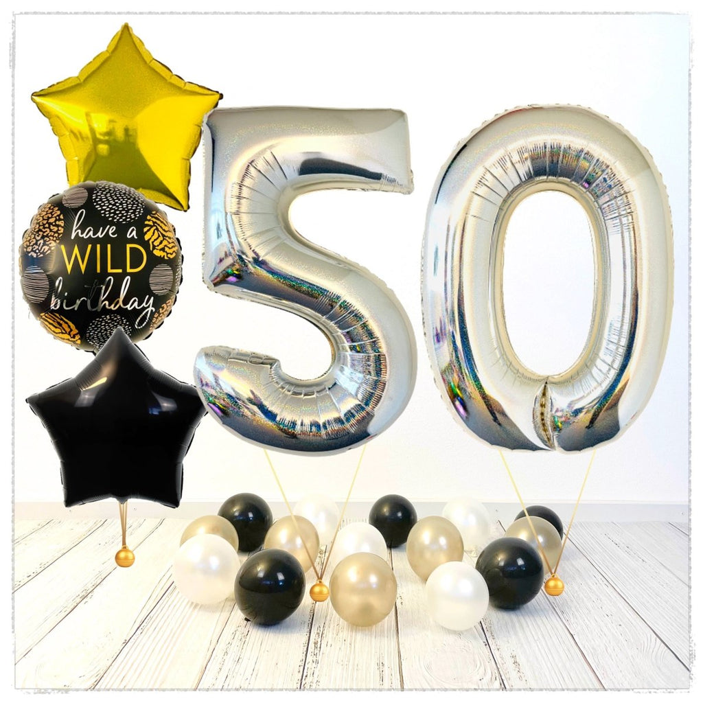 Zahlen Ballon Wild Birthday holographisch silber 50 Bouquet (mit Helium gefüllt) - Zahlen Ballon silber Bouquet