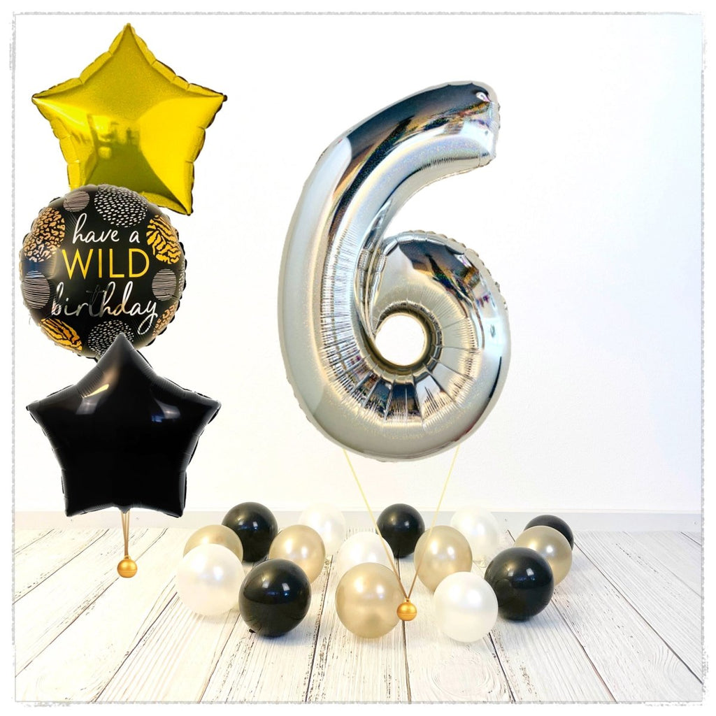 Zahlen Ballon Wild Birthday holographisch silber 6 Bouquet (mit Helium gefüllt) - Zahlen Ballon silber Bouquet