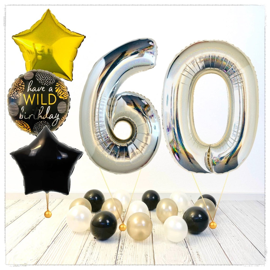 Zahlen Ballon Wild Birthday holographisch silber 60 Bouquet (mit Helium gefüllt) - Zahlen Ballon silber Bouquet