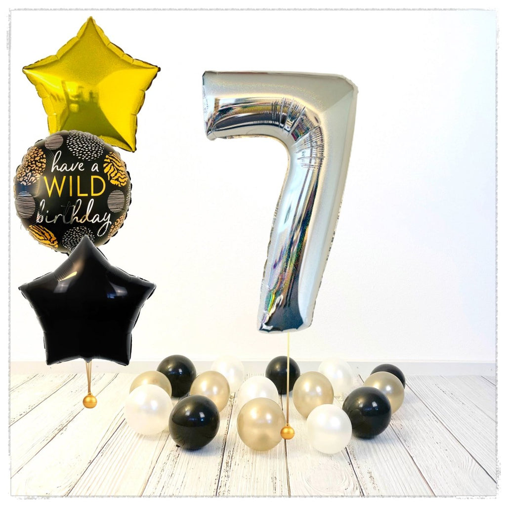 Zahlen Ballon Wild Birthday holographisch silber 7 Bouquet (mit Helium gefüllt) - Zahlen Ballon silber Bouquet