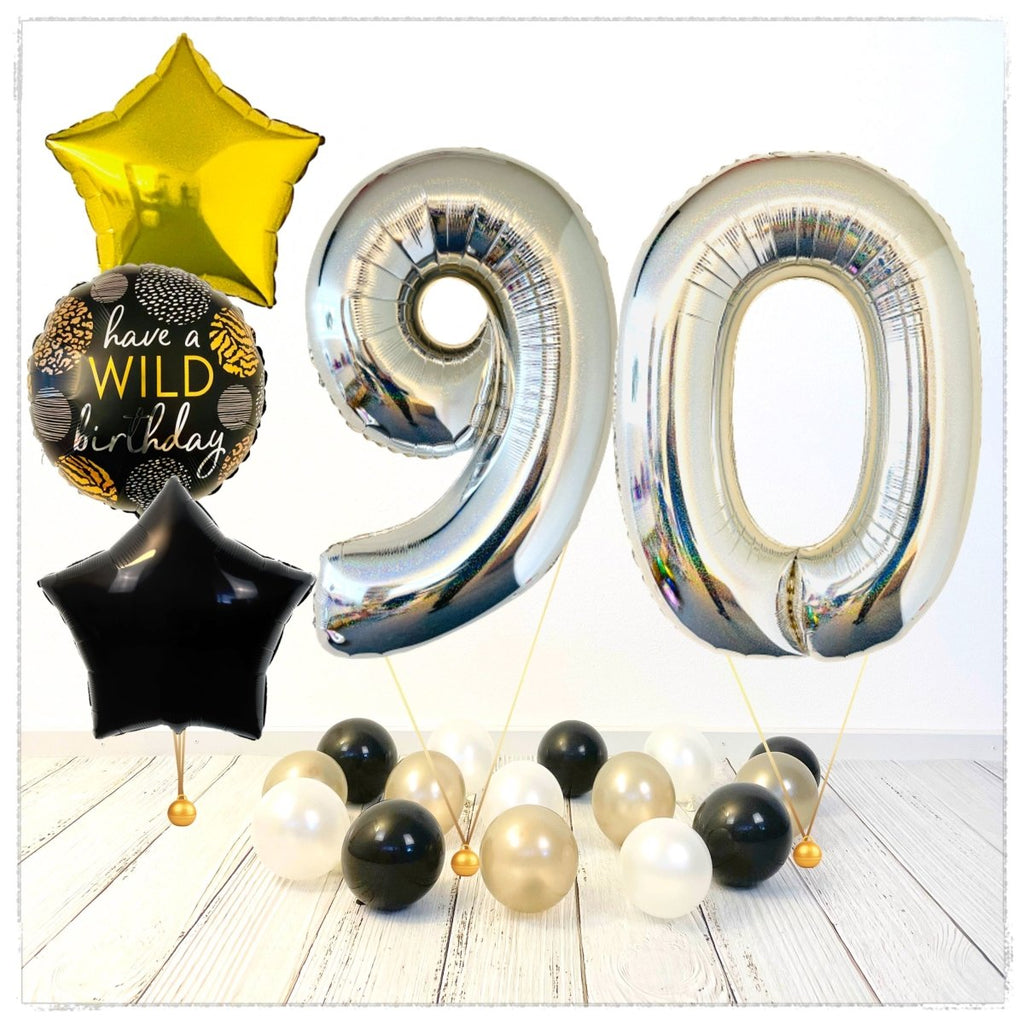 Zahlen Ballon Wild Birthday holographisch silber 90 Bouquet (mit Helium gefüllt) - Zahlen Ballon silber Bouquet